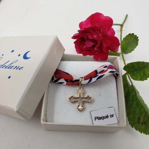 Bracelet cordon liberty croix byzantine nacre plaqué or