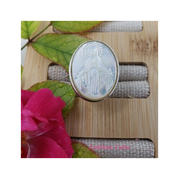 Bague catholique religieuse médaille miraculeuse nacre sertie clos