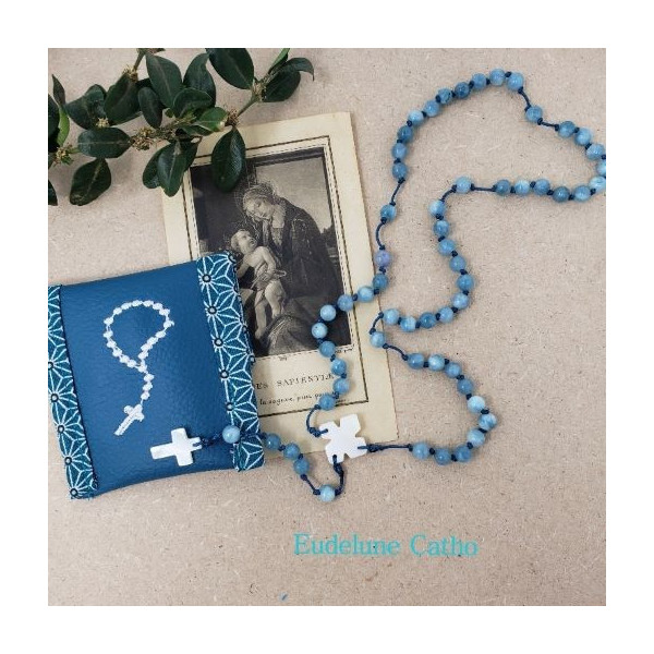 Chapelet en jade teinté artisanal – médaille miraculeuse argent & croix nacre