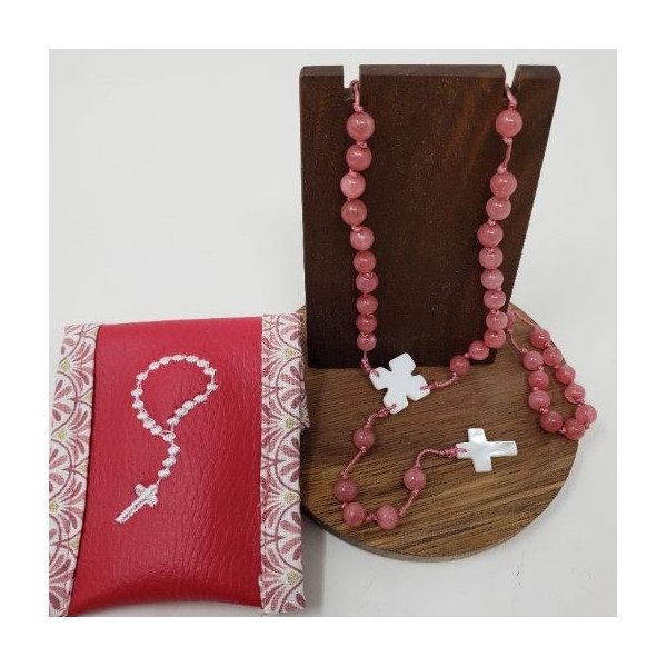 Chapelet en jade teinté artisanal – médaille miraculeuse argent & croix nacre