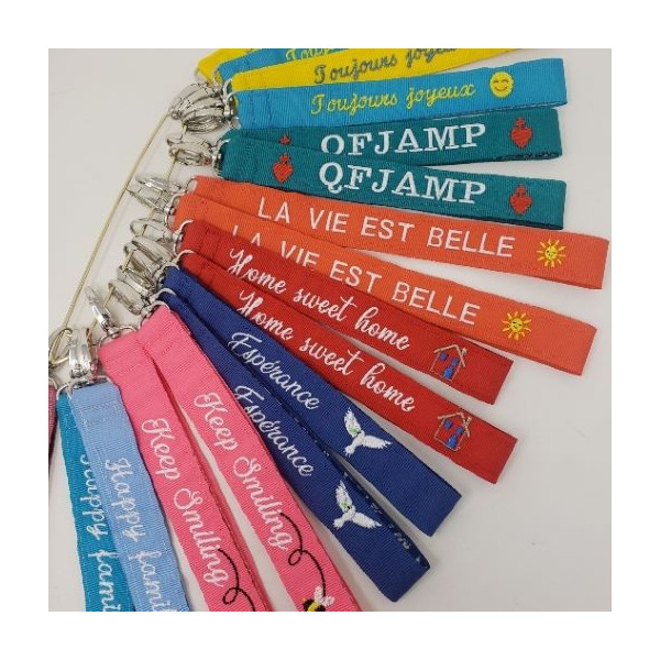 Porte-clés gros grain ruban doublé avec broderie message religieux