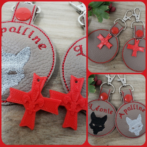 Porte-clés Médaillon en simili cuir brodé avec insigne 3D scout au dos