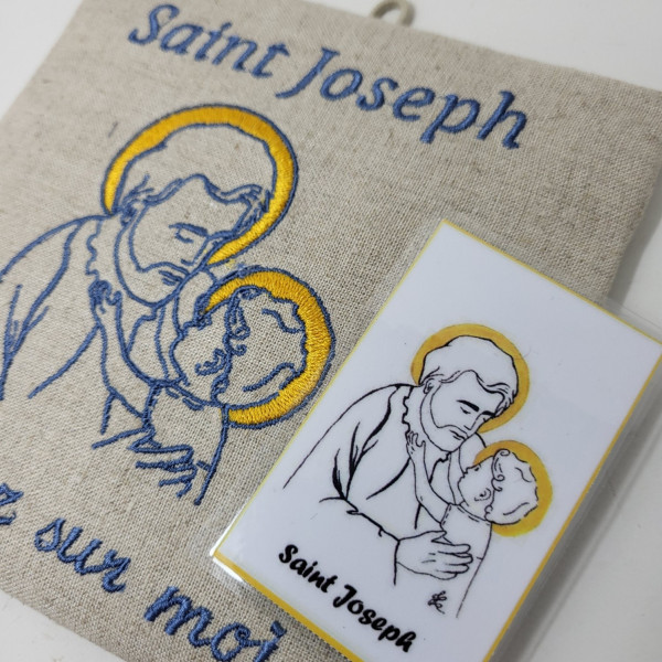 Cadre religieux en lin brodé d'un Saint Joseph et carte prière