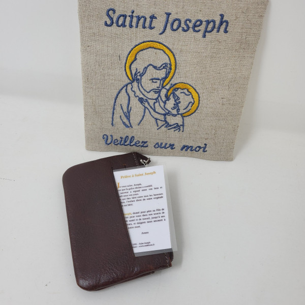 Cadre religieux en lin brodé d'un Saint Joseph et carte prière