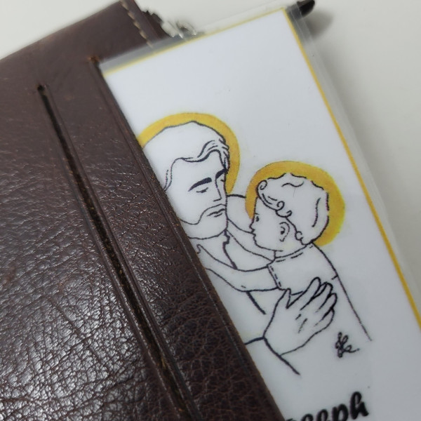 Cadre religieux en lin brodé d'un Saint Joseph et carte prière