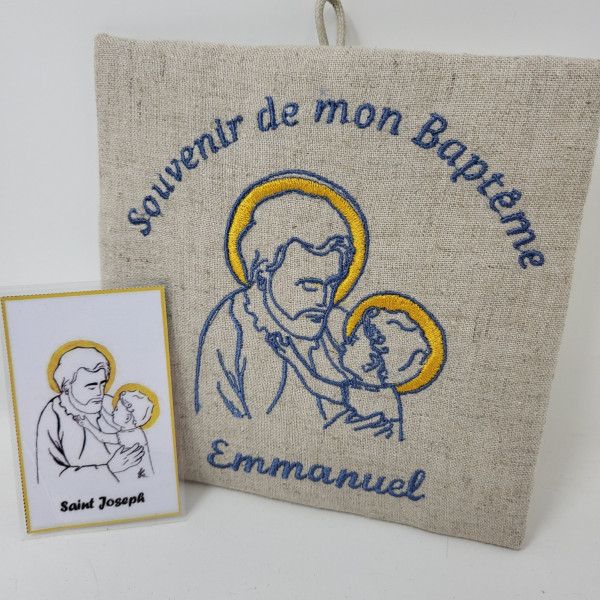 Cadre religieux en lin brodé d'un Saint Joseph et carte prière