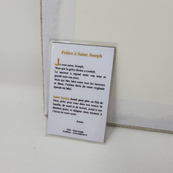 Cadre religieux en lin brodé d'un Saint Joseph et carte prière