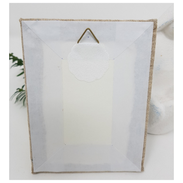 Cadre religieux en lin brodé d'une Vierge Marie à l'Enfant Jésus