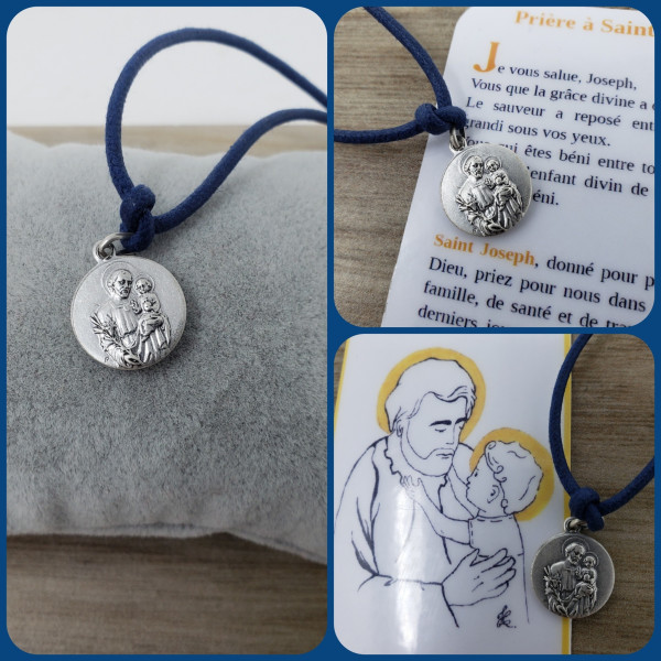 Collier Saint Joseph garçon en acier avec prière incluse en option