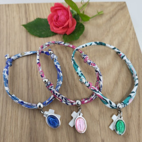 Bracelet cordon liberty médaille miraculeuse croix nacre jeune fille