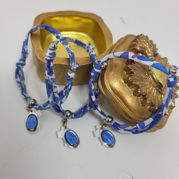 Bracelet cordon liberty médaille miraculeuse croix nacre jeune fille