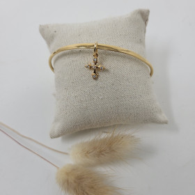 Jonc religieux plaqué or à croix fleur de lys et zircons