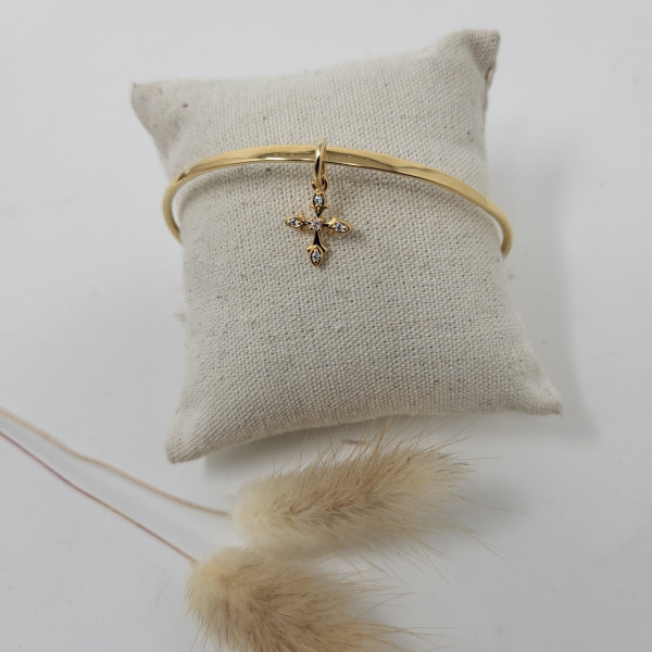 Jonc religieux plaqué or à croix fleur de lys et zircons