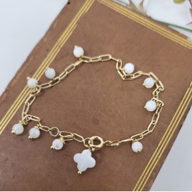 Bracelet dizainier de 10 perles et croix nacre sur chaine plaqué or