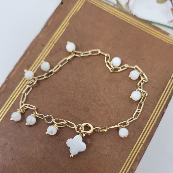 Bracelet dizainier de 10 perles et croix nacre sur chaine plaqué or