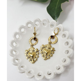 Boucles d’oreilles religieuses Marguerite-Marie – Sacré Cœur doré baroque
