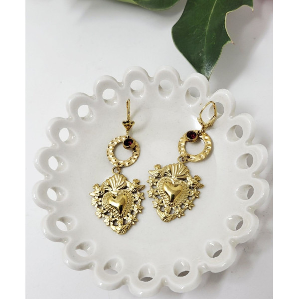 Boucles d’oreilles religieuses Marguerite-Marie – Sacré Cœur doré baroque