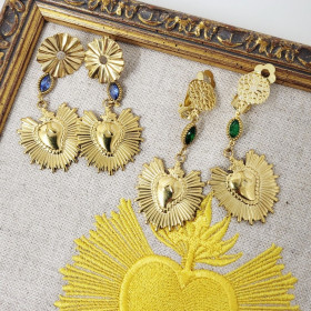 Boucles d’oreilles religieuses Madeleine - Sacré Cœur doré enflammé
