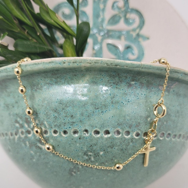 Bracelet dizainier plaqué or ou argent – croix et 10 grains de prière