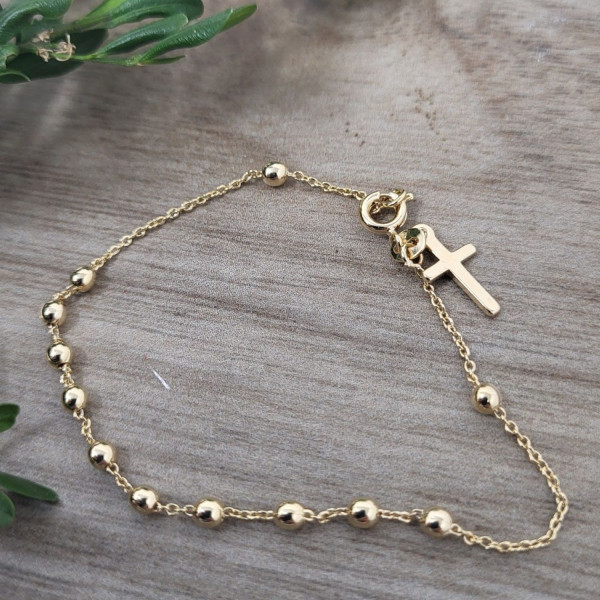 Bracelet dizainier plaqué or ou argent – croix et 10 grains de prière