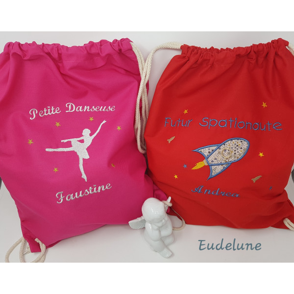 Sac à cordelette personnalisé - Prénom brodé et dessin au choix